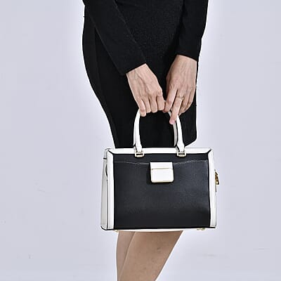 Black with Off-White Genuine Leather Crossbody Bag with Handle Drop and Shoulder Strap 51 Inches