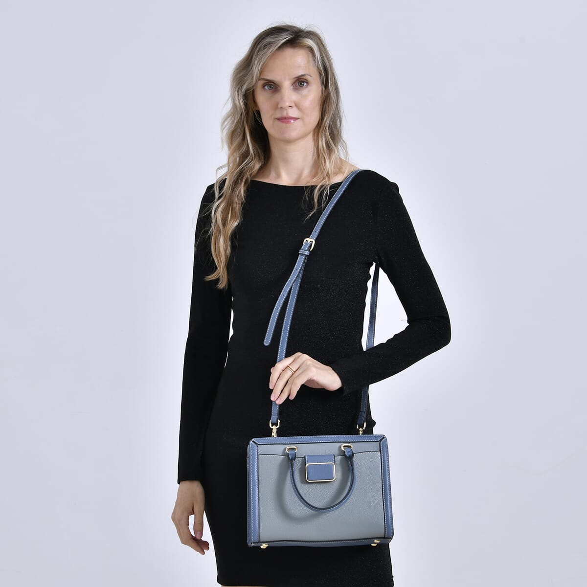 Light Blue with Dark Blue Genuine Leather Crossbody Bag with Handle Drop and Shoulder Strap 51 Inches image number 1