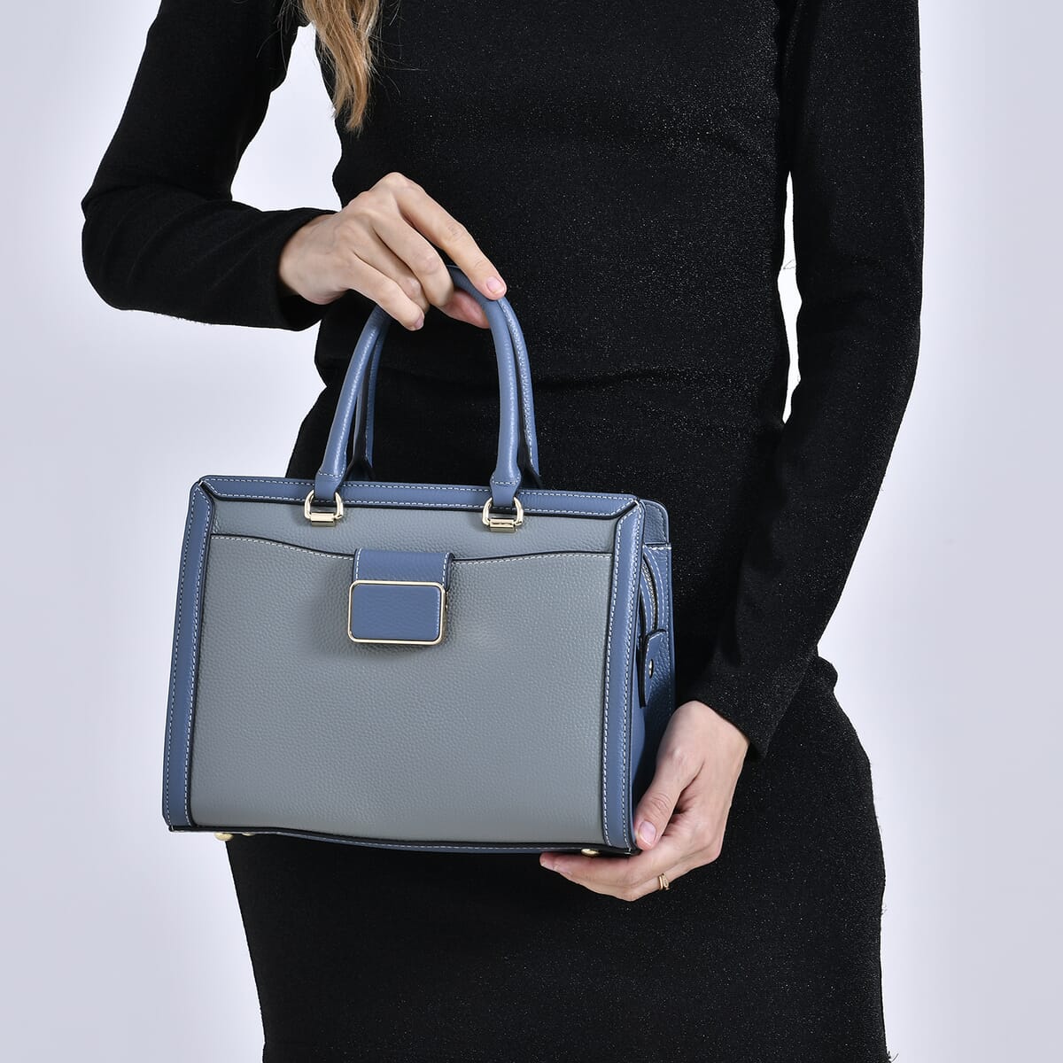 Light Blue with Dark Blue Genuine Leather Crossbody Bag with Handle Drop and Shoulder Strap 51 Inches image number 2