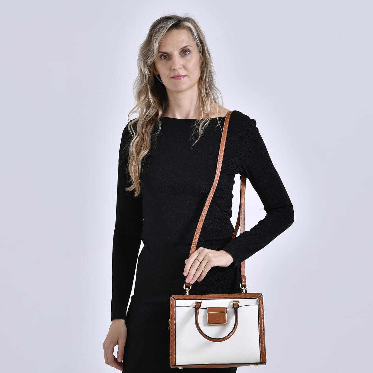 Off-White with Brown Genuine Leather Crossbody Bag with Handle Drop and Shoulder Strap 51 Inches image number 1