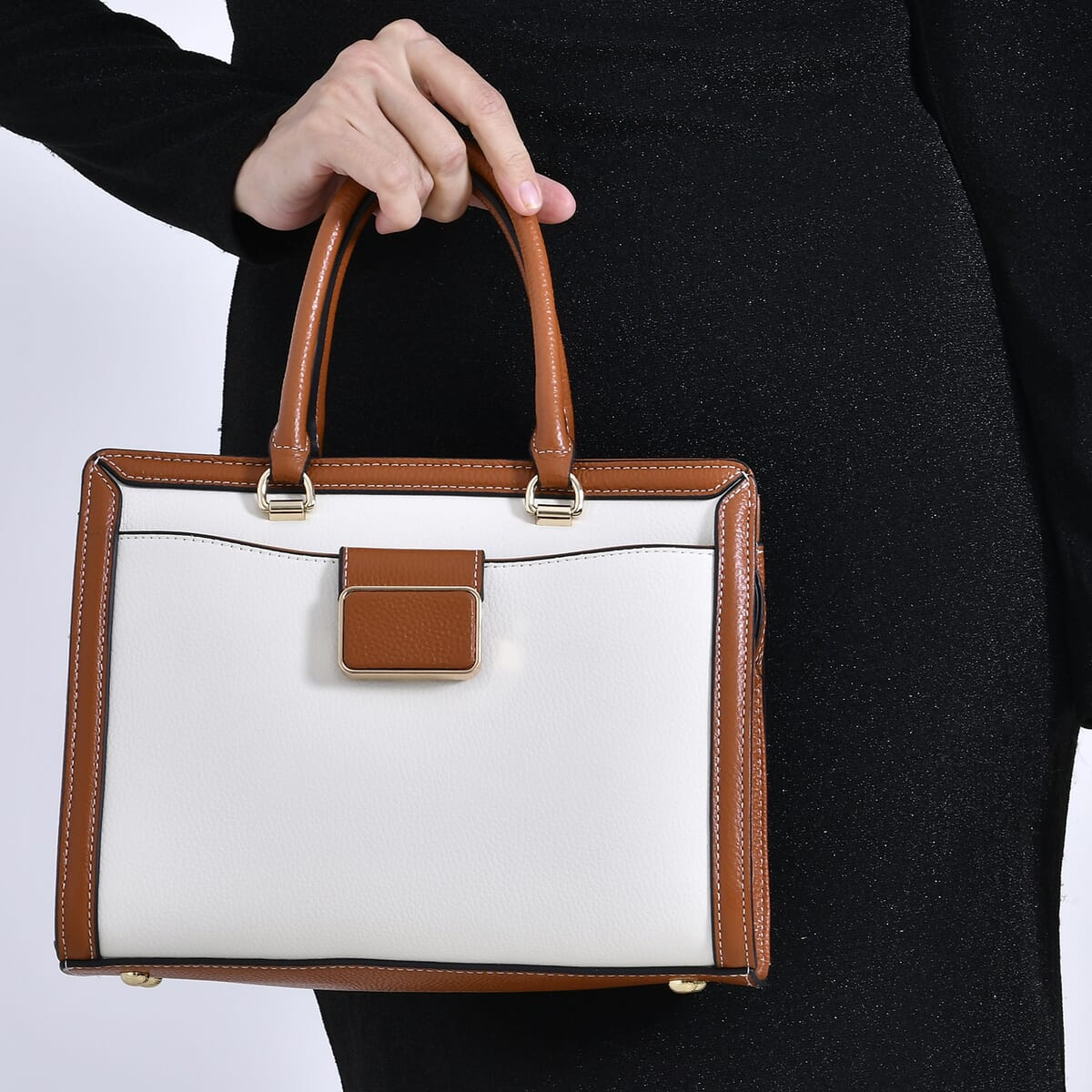 Off-White with Brown Genuine Leather Crossbody Bag with Handle Drop and Shoulder Strap 51 Inches image number 2
