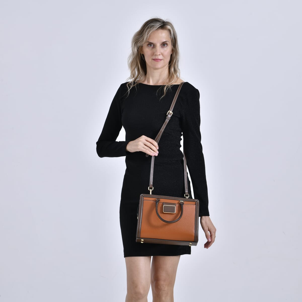 Light Brown with Dark Brown Genuine Leather Crossbody Bag with Handle Drop and Shoulder Strap 51 Inches image number 1