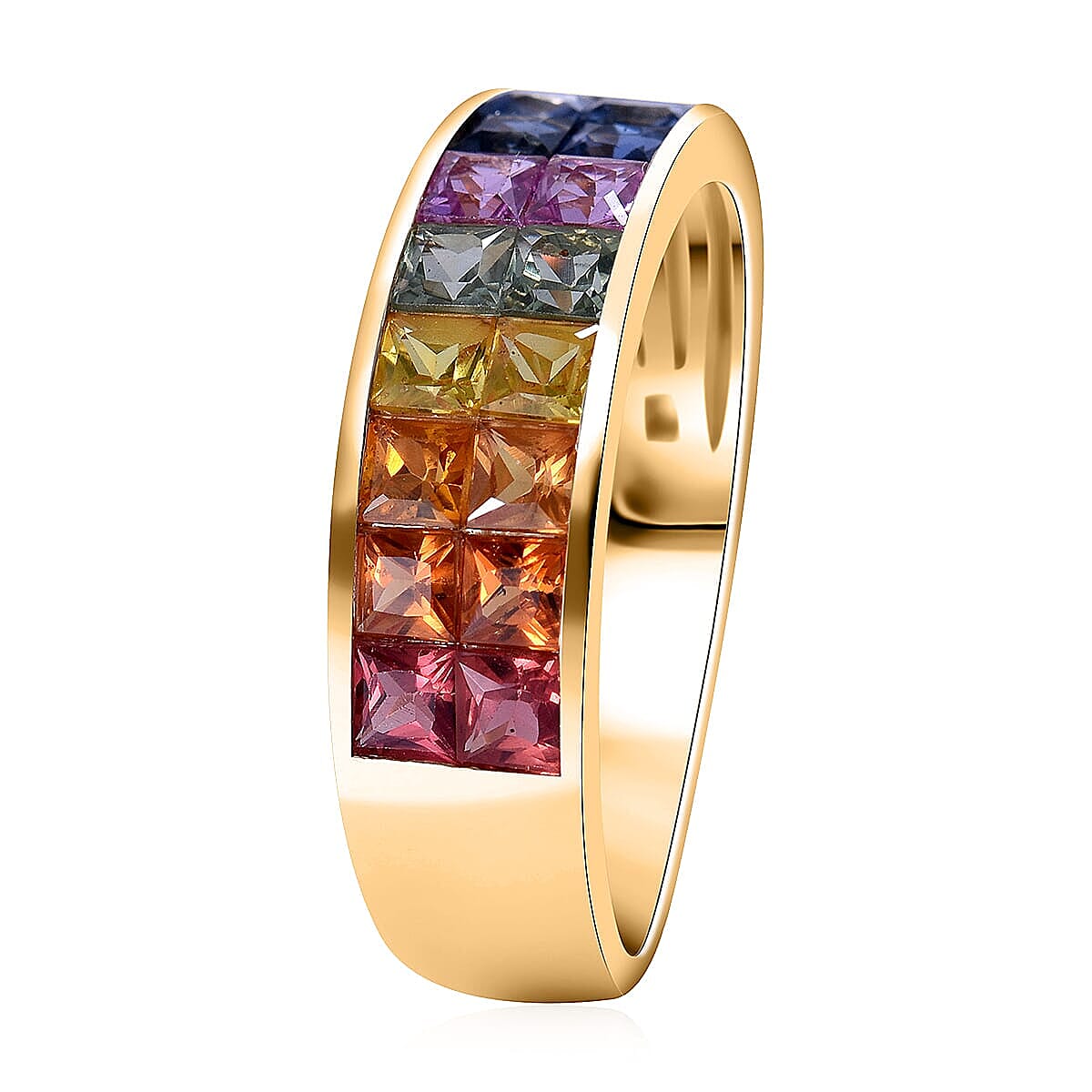 Luxoro AAA Rainbow Sapphire 2.40 ctw Band Ring in 10K Yellow Gold (Size 5.5) image number 2
