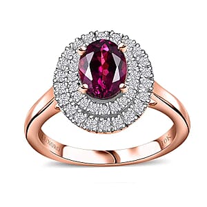 Certified & Appraised Luxoro AAA Radiant Ember Garnet and G-H I2 Diamond 1.97 ctw Double Halo Ring in 10K Rose Gold (Size 5.5)