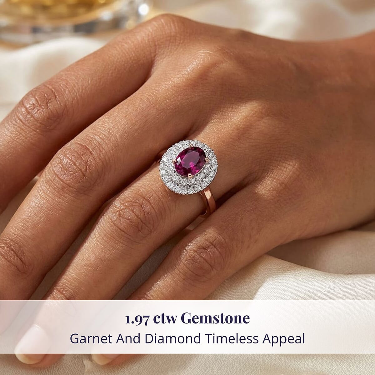 Certified & Appraised Luxoro AAA Radiant Ember Garnet and G-H I2 Diamond 1.97 ctw Double Halo Ring in 10K Rose Gold (Size 7.5) image number 1