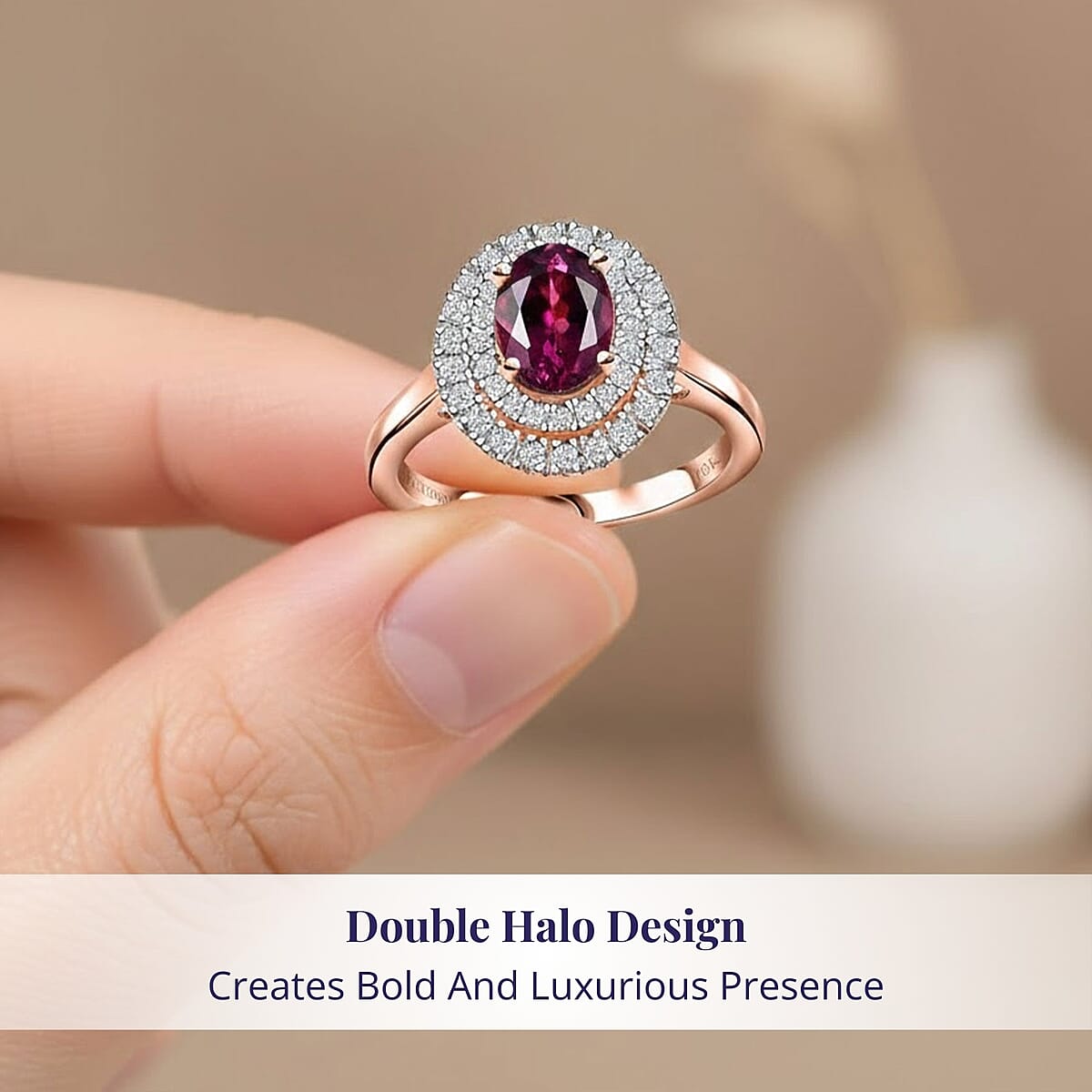 Certified & Appraised Luxoro AAA Radiant Ember Garnet and G-H I2 Diamond 1.97 ctw Double Halo Ring in 10K Rose Gold (Size 7.5) image number 4