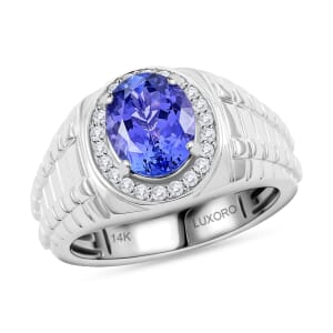 Certified & Appraised Luxoro AAA Tanzanite and G-H I2 Diamond 2.65 ctw Men's Ring in 14K White Gold (Size 7.0) 8.20 Grams
