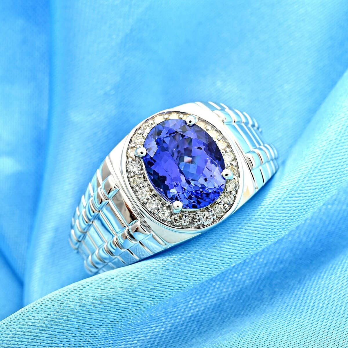 Certified & Appraised Luxoro AAA Tanzanite and G-H I2 Diamond 2.65 ctw Men's Ring in 14K White Gold (Size 10.5) 8.20 Grams image number 1