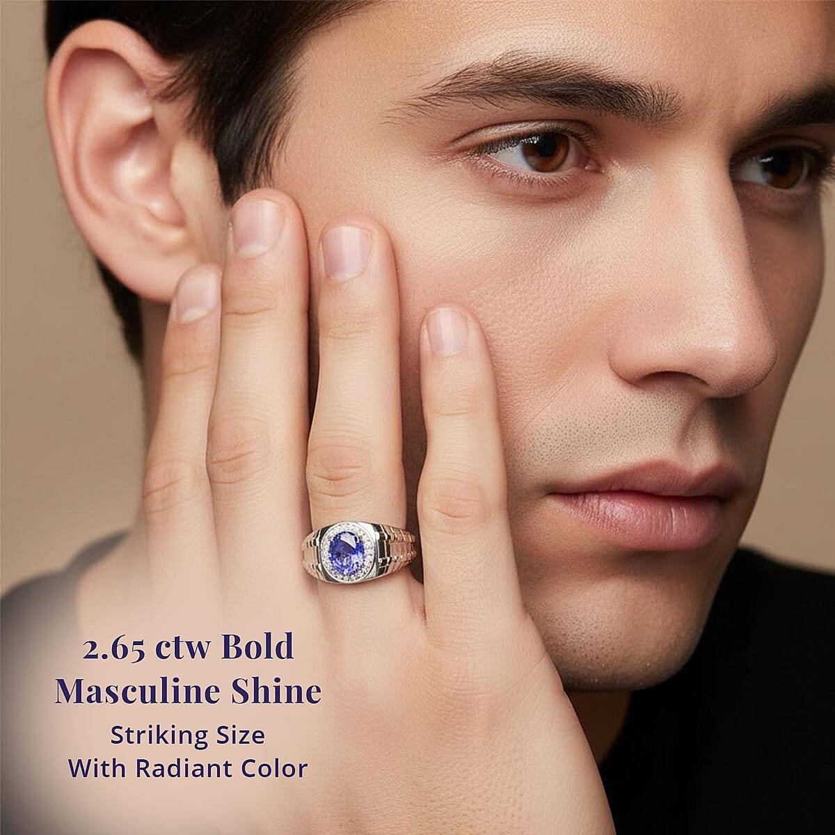 Certified & Appraised Luxoro AAA Tanzanite and G-H I2 Diamond 2.65 ctw Men's Ring in 14K White Gold (Size 11.5) 8.20 Grams image number 1