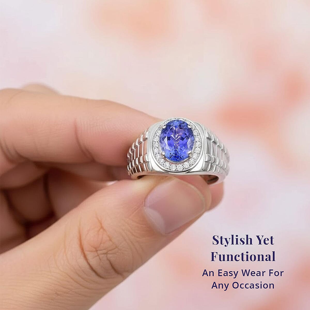 Certified & Appraised Luxoro AAA Tanzanite and G-H I2 Diamond 2.65 ctw Men's Ring in 14K White Gold (Size 11.5) 8.20 Grams image number 5