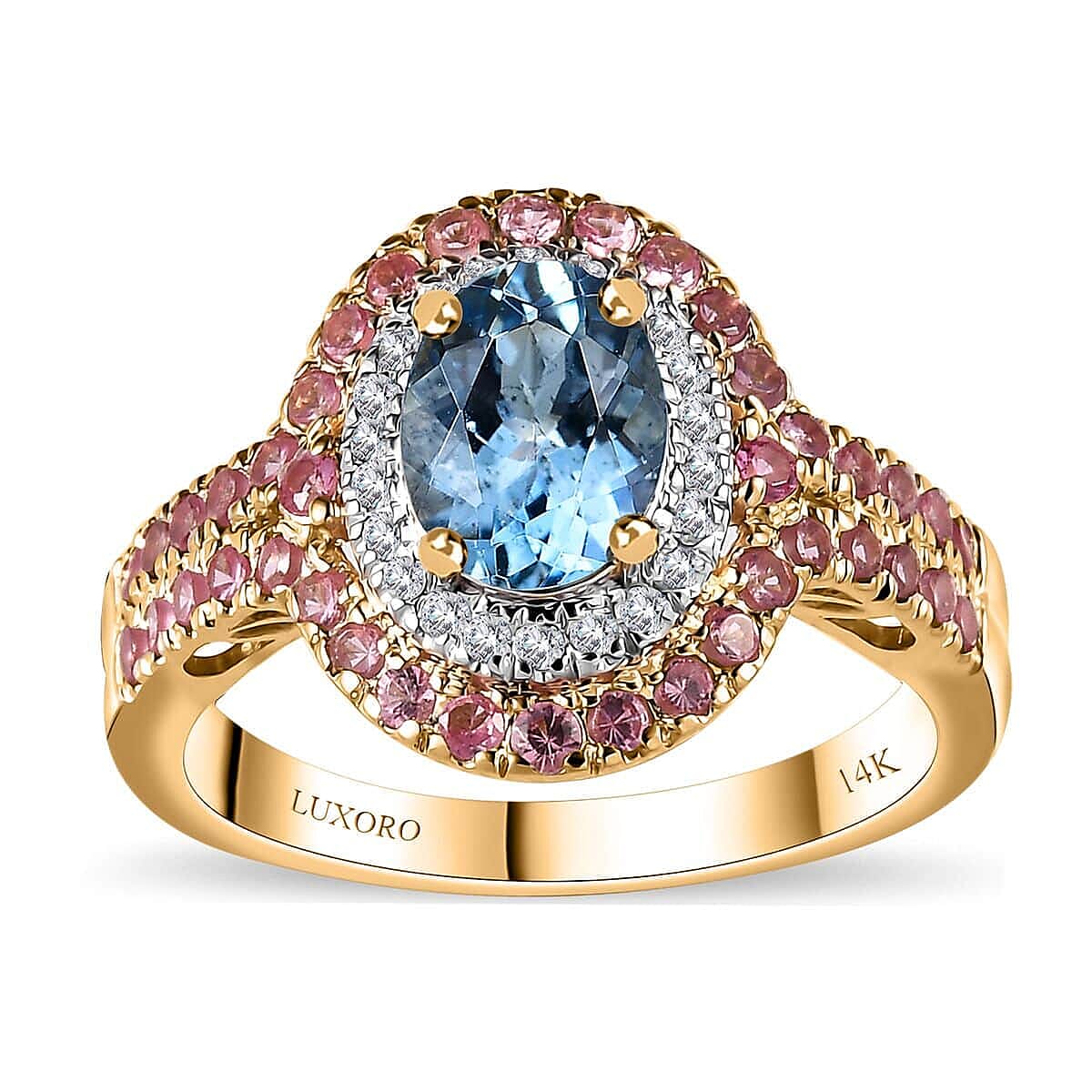 Certified & Appraised Luxoro AAA Santa Maria Aquamarine, Mahenge Spinel and I2 Diamond 2.05 ctw Double Halo Ring in 14K Yellow Gold (Size 6.5) 5.05 Grams image number 0
