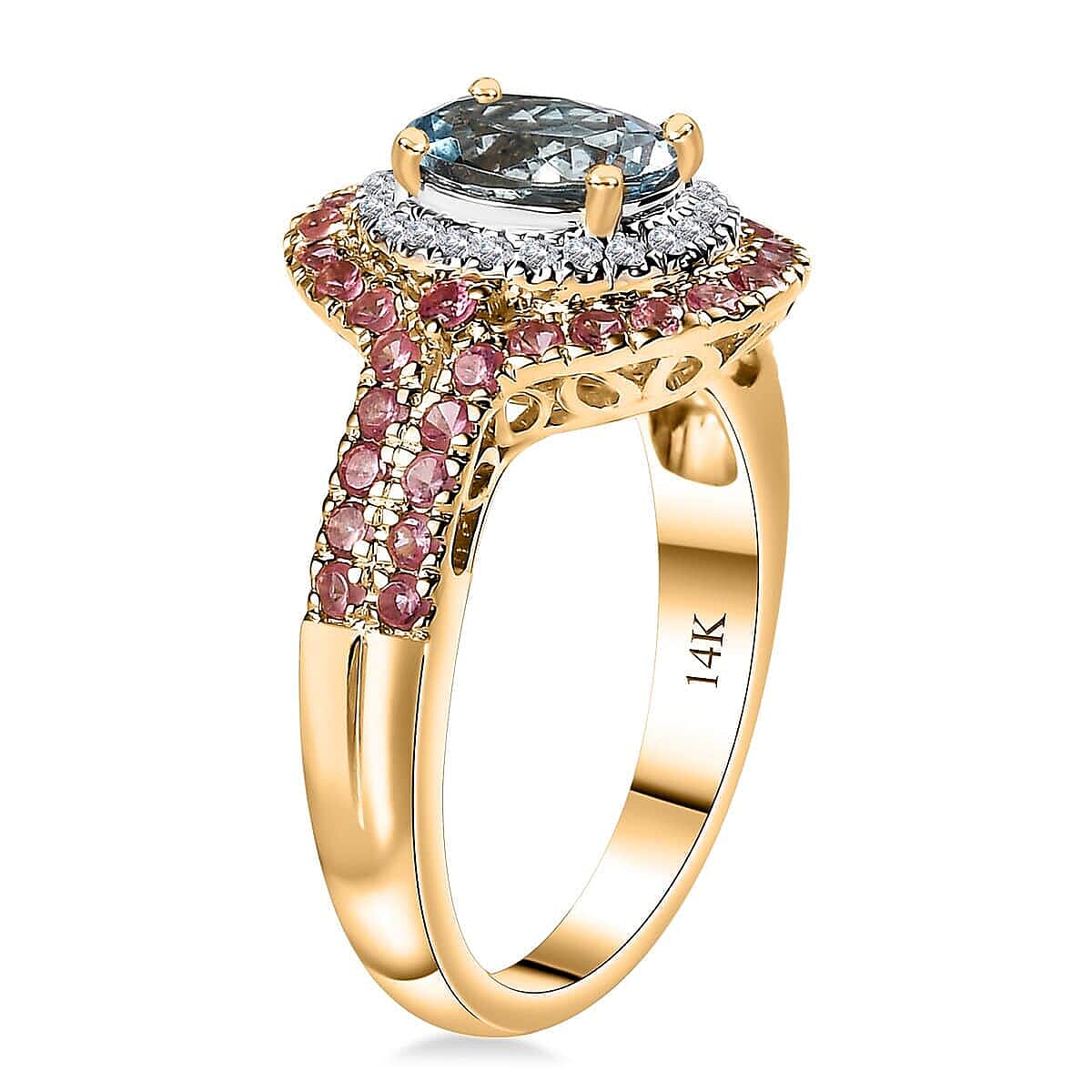 Certified & Appraised Luxoro AAA Santa Maria Aquamarine, Mahenge Spinel and I2 Diamond 2.05 ctw Double Halo Ring in 14K Yellow Gold (Size 6.5) 5.05 Grams image number 3