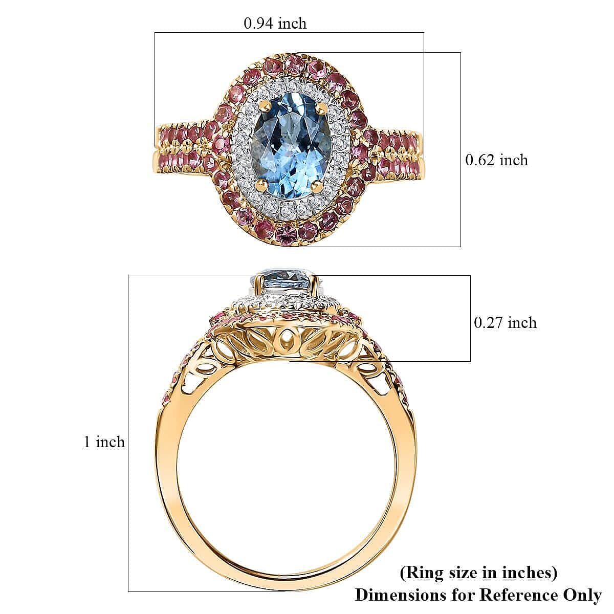 Certified & Appraised Luxoro AAA Santa Maria Aquamarine, Mahenge Spinel and I2 Diamond 2.05 ctw Double Halo Ring in 14K Yellow Gold (Size 6.5) 5.05 Grams image number 5