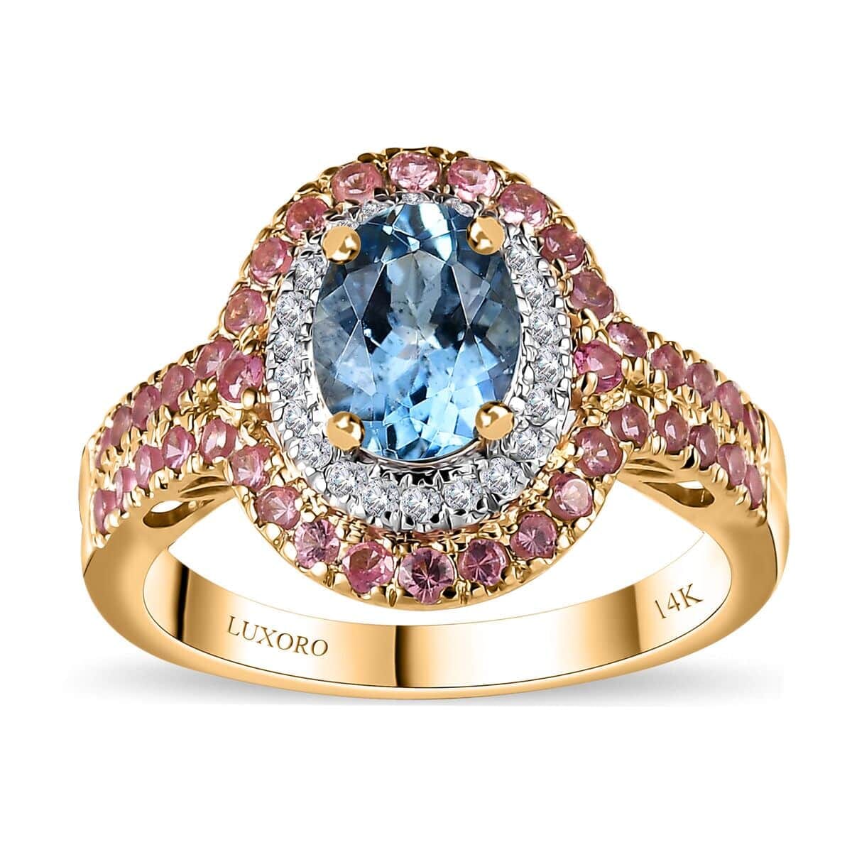 Certified & Appraised Luxoro AAA Santa Maria Aquamarine, Mahenge Spinel and I2 Diamond 2.05 ctw Double Halo Ring in 14K Yellow Gold (Size 9.5) 5.05 Grams image number 0