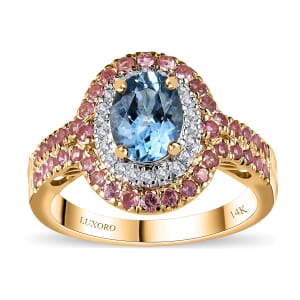 Certified & Appraised Luxoro AAA Santa Maria Aquamarine, Mahenge Spinel and I2 Diamond 2.05 ctw Double Halo Ring in 14K Yellow Gold (Size 9.5) 5.05 Grams