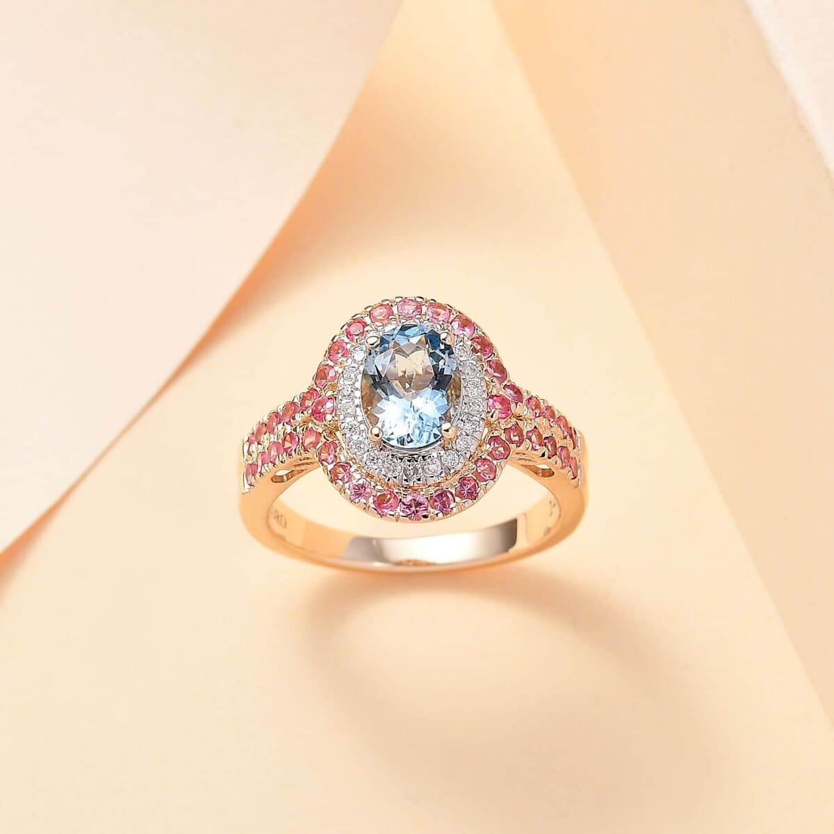 Certified & Appraised Luxoro AAA Santa Maria Aquamarine, Mahenge Spinel and I2 Diamond 2.05 ctw Double Halo Ring in 14K Yellow Gold (Size 9.5) 5.05 Grams image number 1