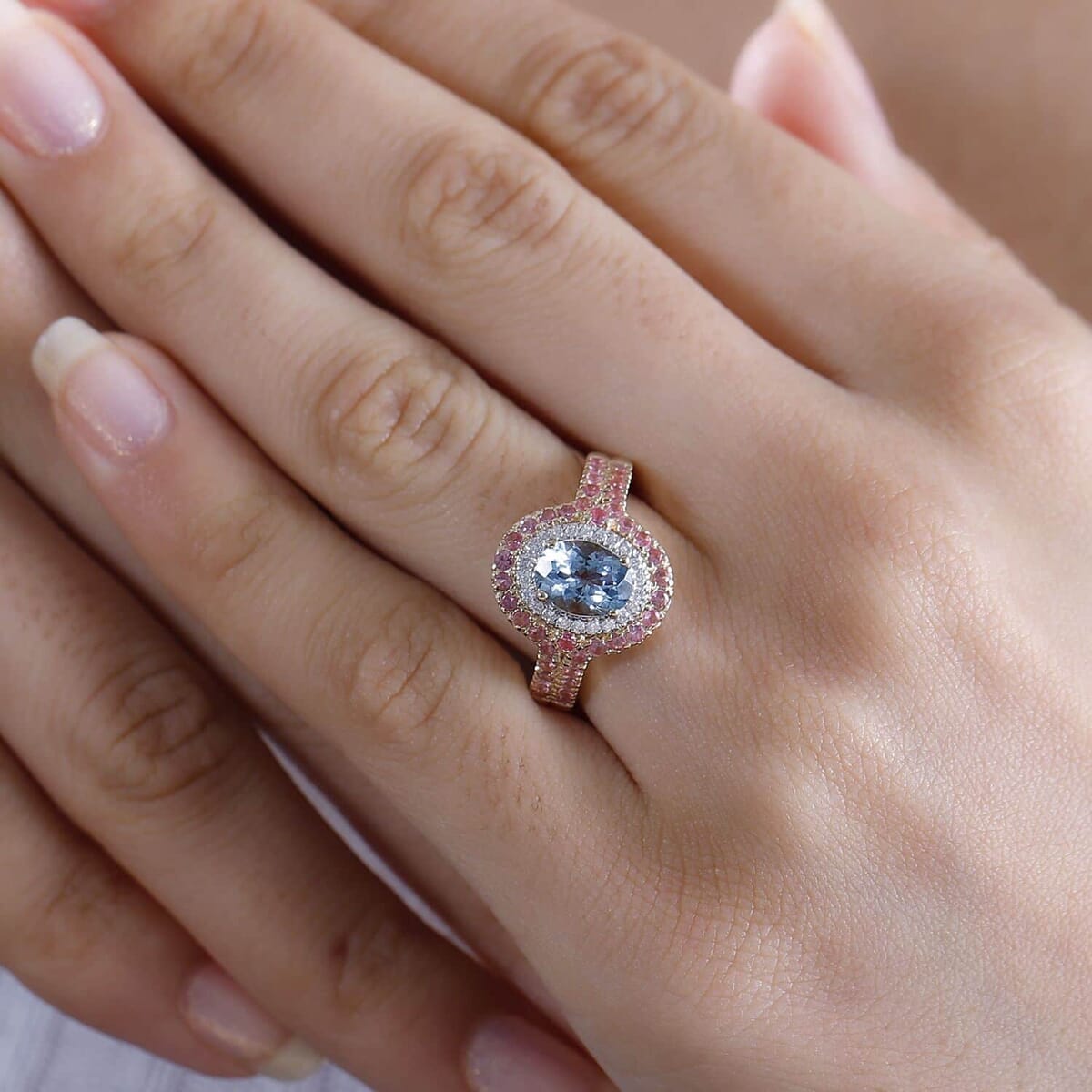 Certified & Appraised Luxoro AAA Santa Maria Aquamarine, Mahenge Spinel and I2 Diamond 2.05 ctw Double Halo Ring in 14K Yellow Gold (Size 9.5) 5.05 Grams image number 2