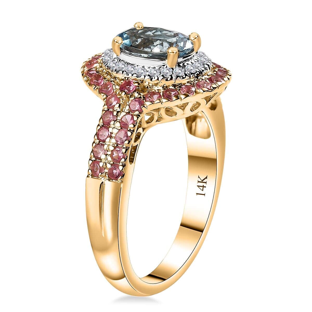 Certified & Appraised Luxoro AAA Santa Maria Aquamarine, Mahenge Spinel and I2 Diamond 2.05 ctw Double Halo Ring in 14K Yellow Gold (Size 9.5) 5.05 Grams image number 3