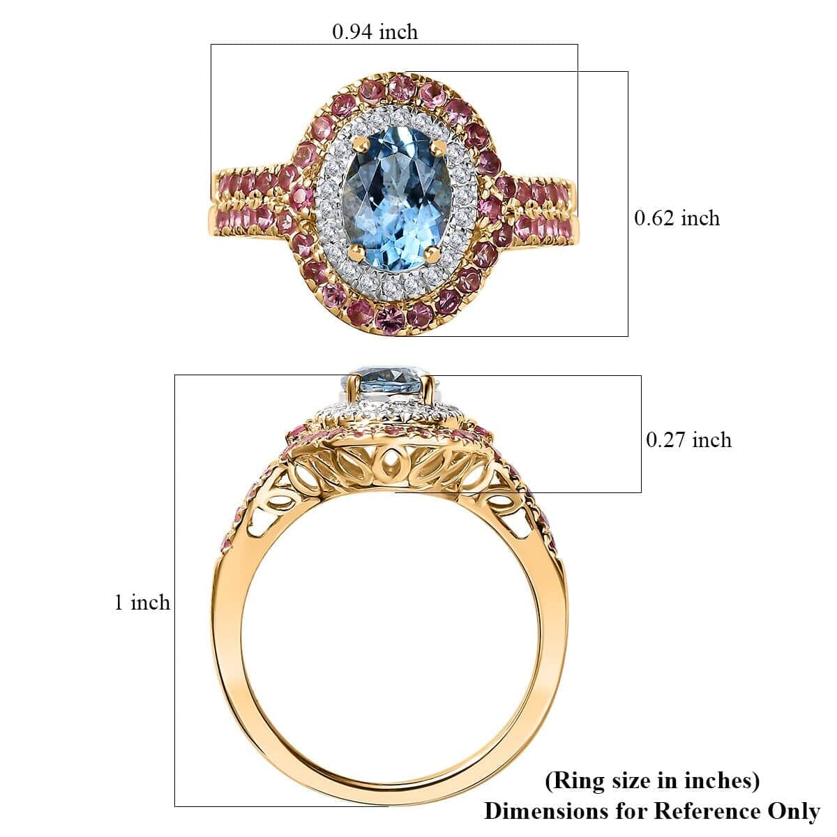 Certified & Appraised Luxoro AAA Santa Maria Aquamarine, Mahenge Spinel and I2 Diamond 2.05 ctw Double Halo Ring in 14K Yellow Gold (Size 10.0) 5.05 Grams image number 5
