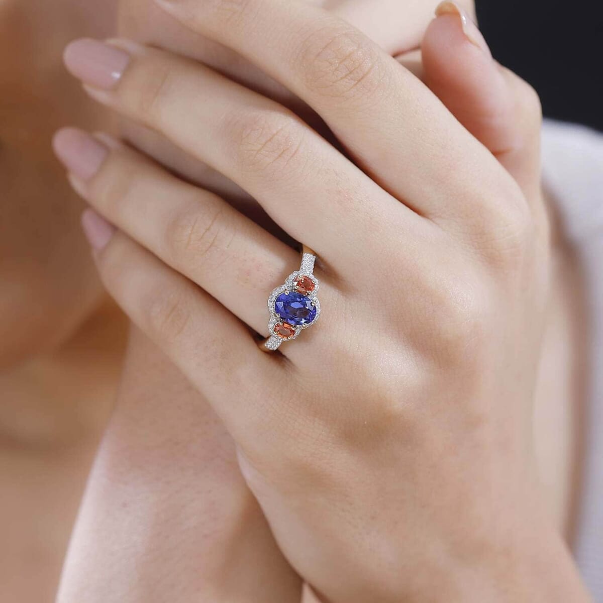 Luxoro AAA Tanzanite and Padparadscha Sapphire (Bery 7.5), G-H I2 Diamond 2.00 ctw Sunset Serenade Ring in 14K Yellow Gold (Size 10.0) image number 2