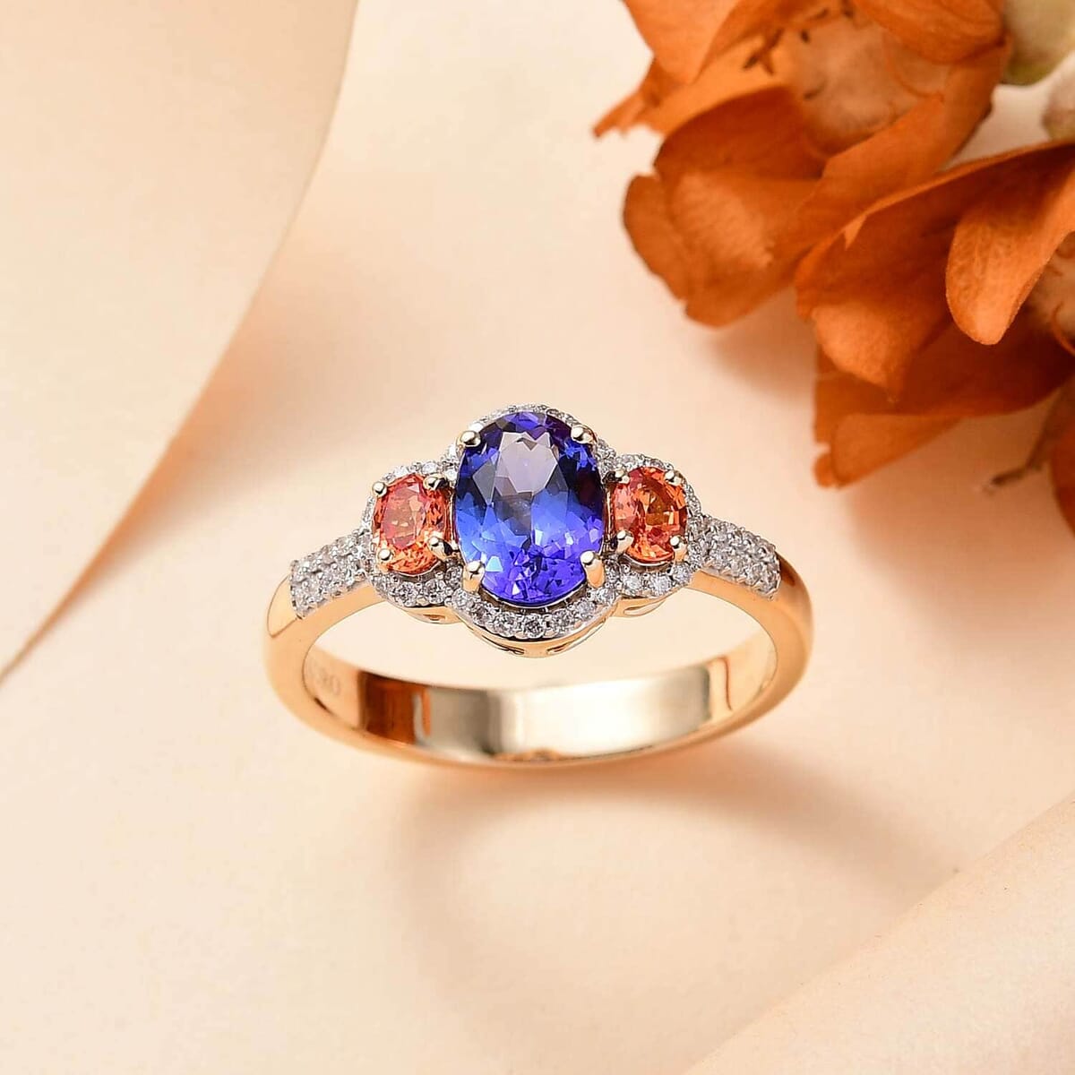 Luxoro AAA Tanzanite and Padparadscha Sapphire (Bery 10.5), G-H I2 Diamond 2.00 ctw Sunset Serenade Ring in 14K Yellow Gold (Size 10.0) image number 1