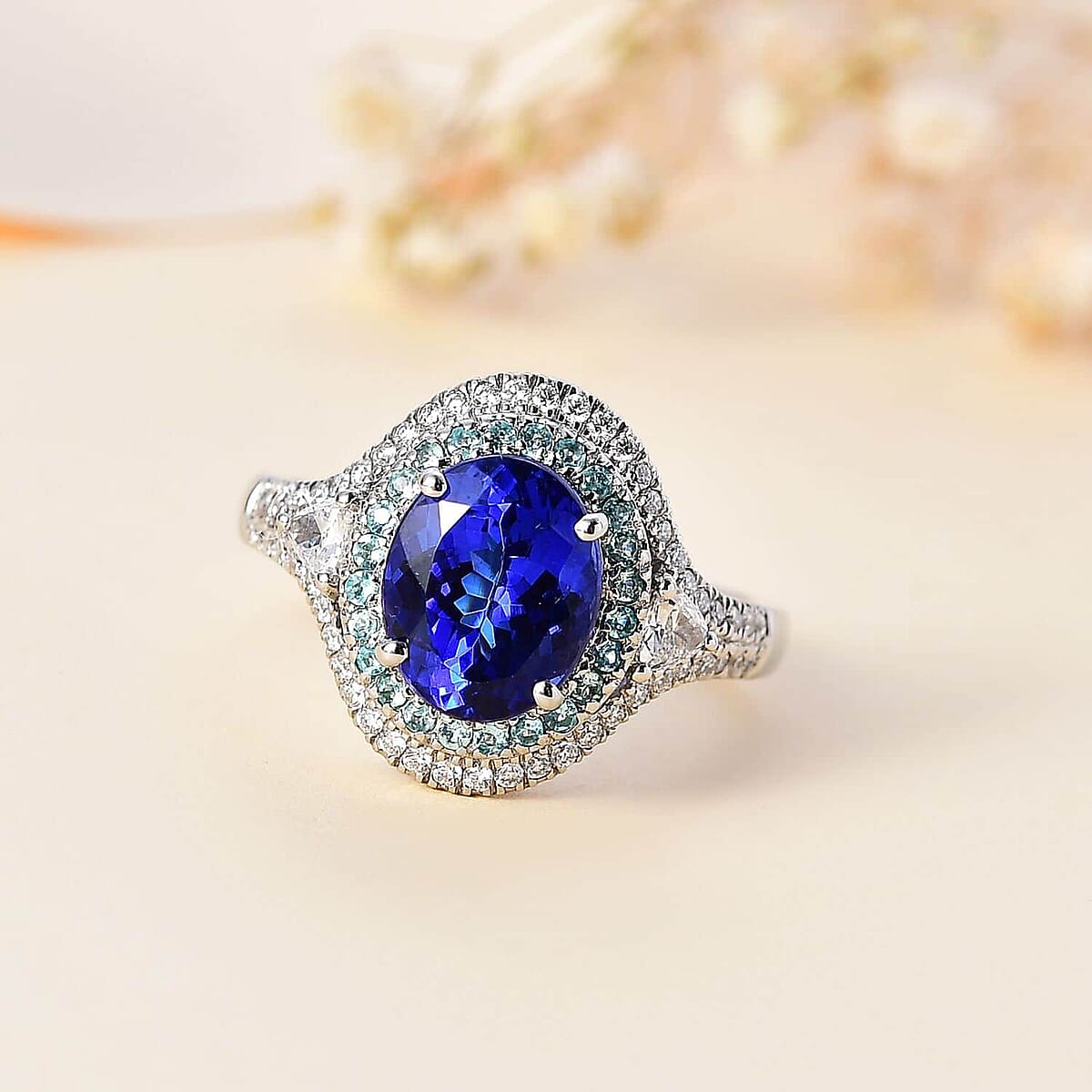 Rhapsody AAAA Tanzanite, Paraiba Tourmaline and E-F VS2 Diamond 3.70 ctw Ring in 950 Platinum (Size 6.5) 8.60 Grams image number 1