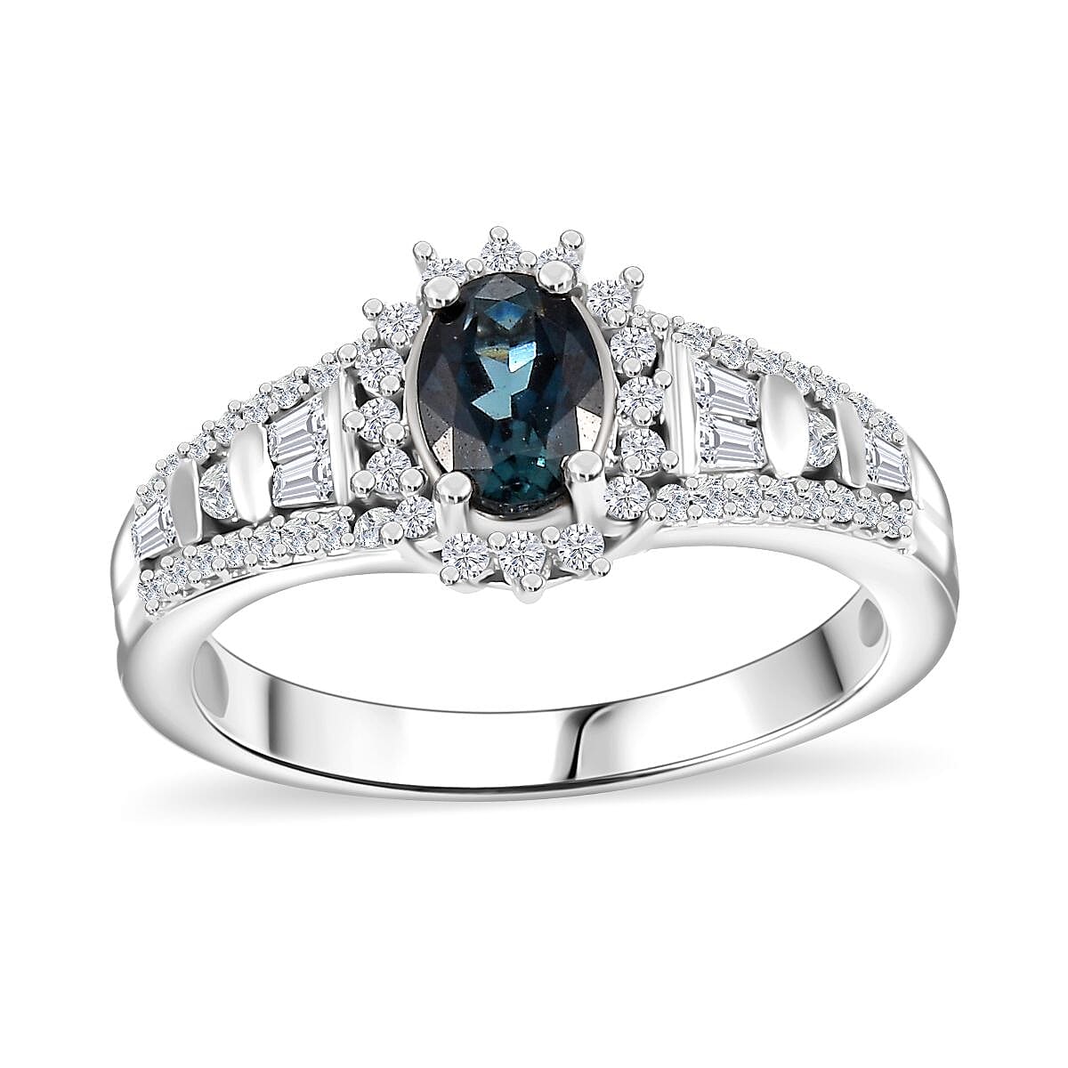 AAA Monte Belo Indicolite and White Zircon 1.25 ctw Starburst Ring in Rhodium Over Sterling Silver (Size 10.0) image number 0