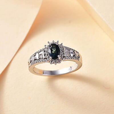 D'Joy AAA Monte Belo Indicolite and White Zircon 1.25 ctw Starburst Ring in Rhodium Over Sterling Silver (Size 10.0)