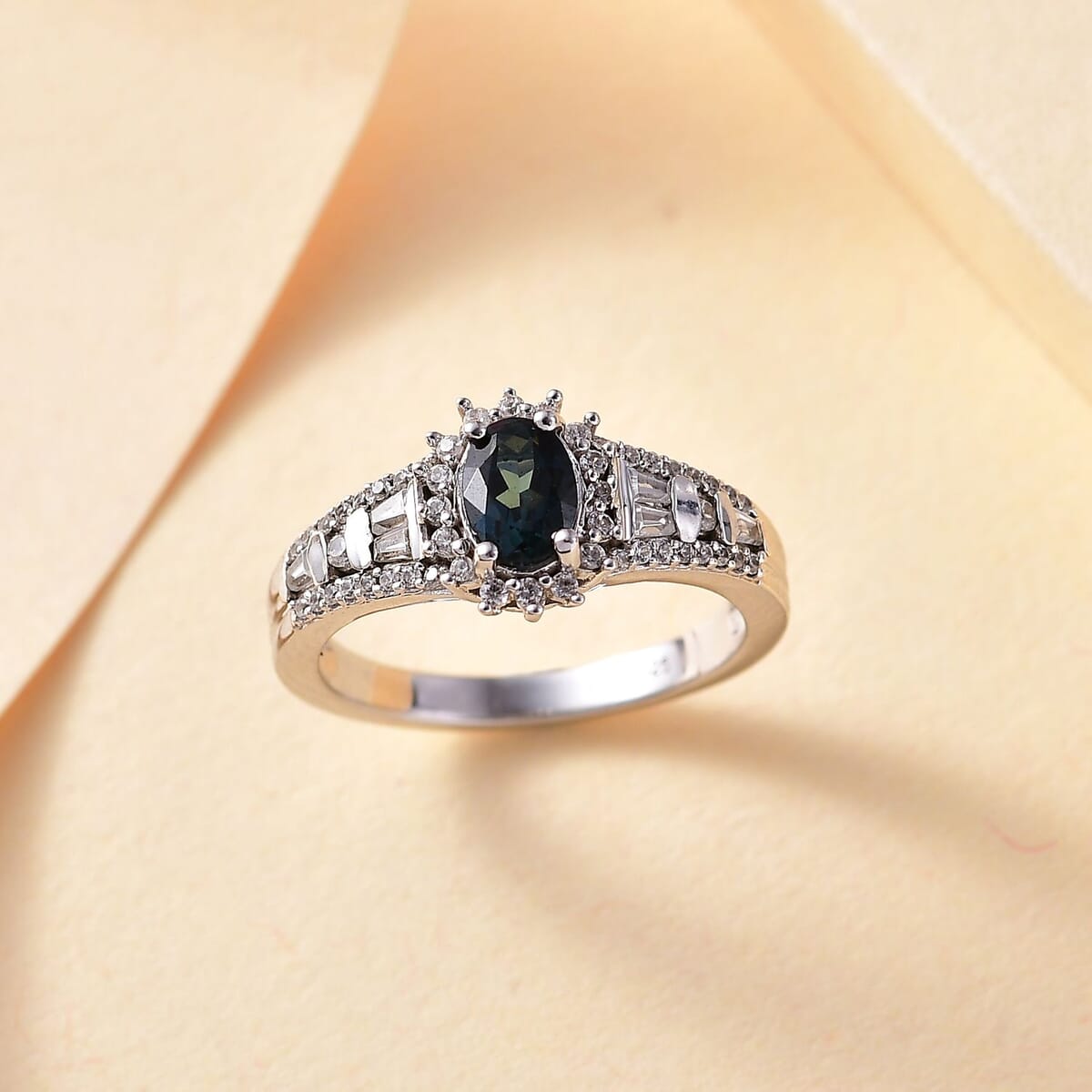 AAA Monte Belo Indicolite and White Zircon 1.25 ctw Starburst Ring in Rhodium Over Sterling Silver (Size 9.0) image number 1