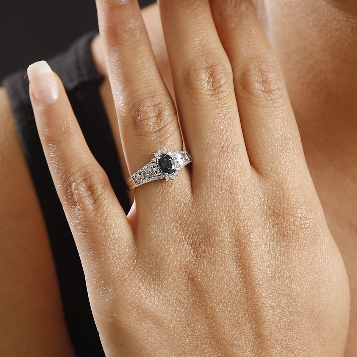 AAA Monte Belo Indicolite and White Zircon 1.25 ctw Starburst Ring in Rhodium Over Sterling Silver (Size 9.0) image number 2