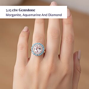 Luxoro AAA Celestial Morganite, Santa Maria Aquamarine, G-H,I2 Diamond Floral Ring in 14K Rose Gold 5.15 ctw (Size 5.5)