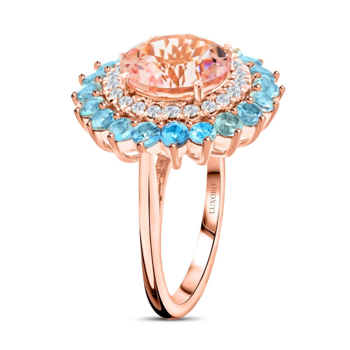 Certified & Appraised Luxoro AAA Celestial Pink Morganite, Santa Maria Aquamarine and G-H I2 Diamond 5.15 ctw Floral Ring in 14K Rose Gold (Size 9.5) 6.20 Grams image number 3