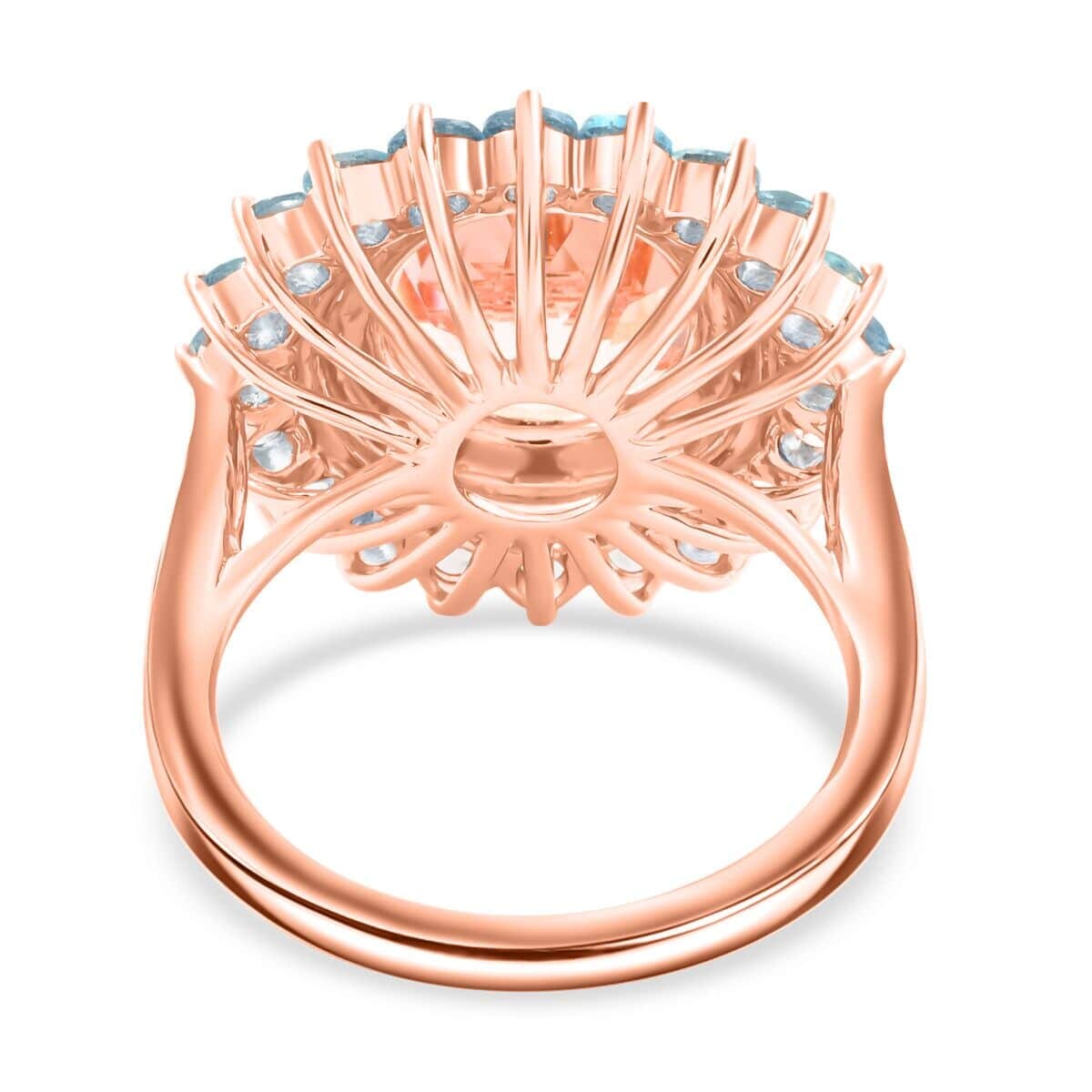 Certified & Appraised Luxoro AAA Celestial Pink Morganite, Santa Maria Aquamarine and G-H I2 Diamond 5.15 ctw Floral Ring in 14K Rose Gold (Size 9.5) 6.20 Grams image number 4