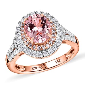 Certified & Appraised Luxoro AAA Palmeiras Pink Morganite and G-H I2 Diamond 2.50 ctw Double Halo Ring in 14K Rose Gold (Size 7.5) 4.41 Grams