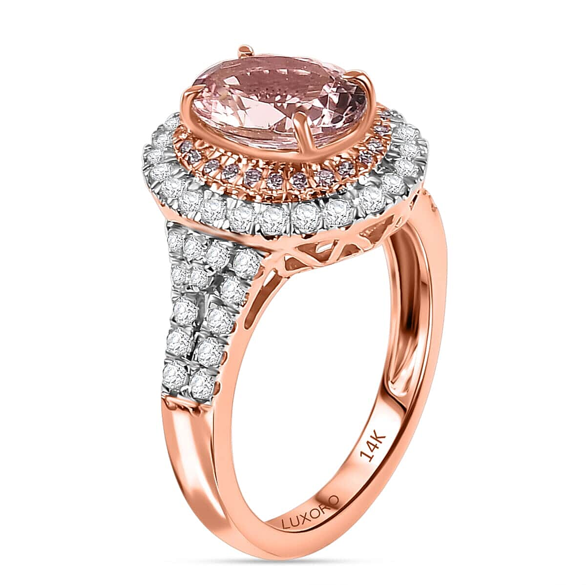 Certified & Appraised Luxoro AAA Palmeiras Pink Morganite and G-H I2 Diamond 2.50 ctw Double Halo Ring in 14K Rose Gold (Size 7.5) 4.41 Grams image number 3