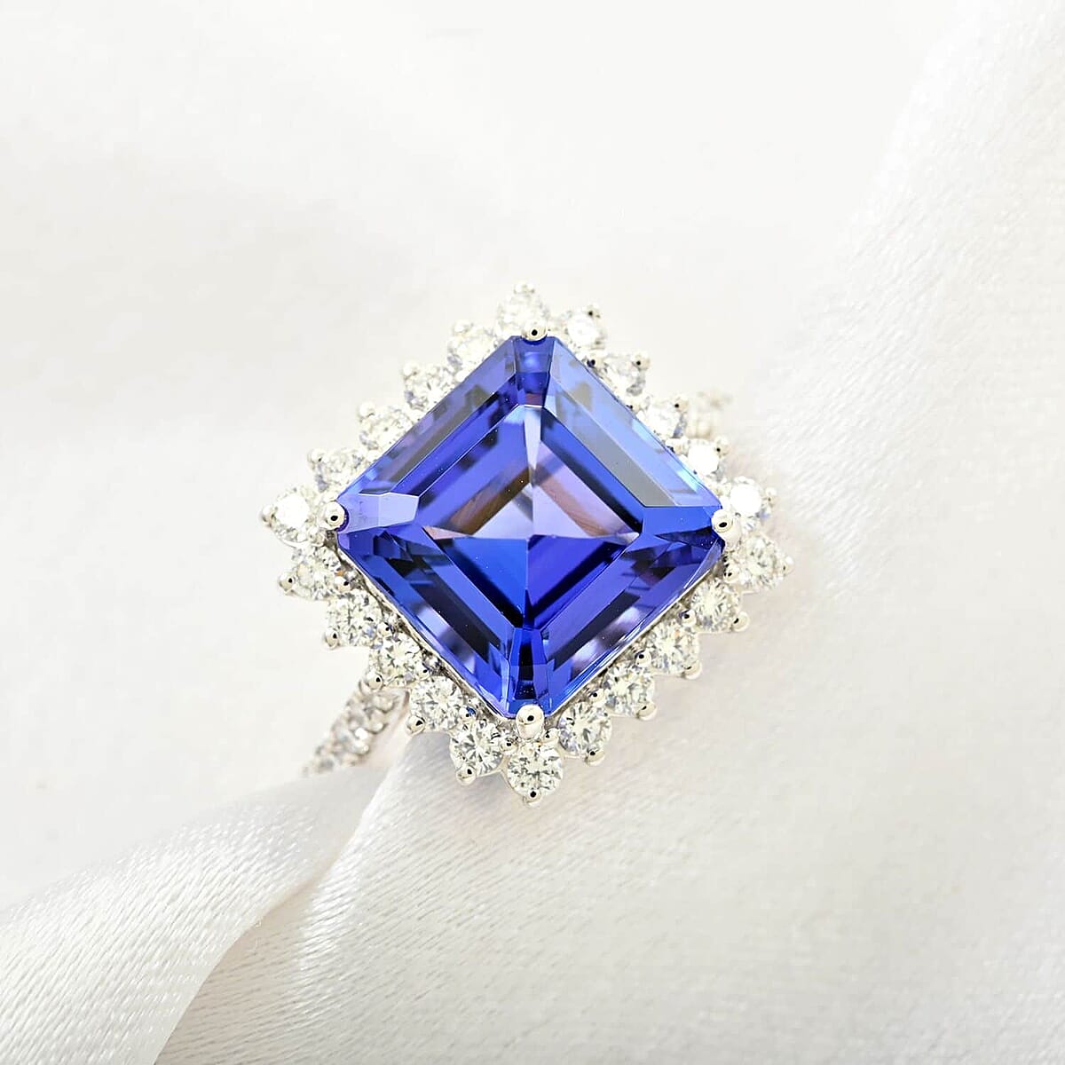 Certified & Appraised Rhapsody Asscher Cut AAAA Tanzanite and E-F VS Diamond 7.30 ctw Ring in 950 Platinum (Size 9.5) 7.03 Grams image number 1