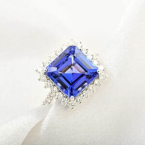 Certified & Appraised Rhapsody Asscher Cut AAAA Tanzanite and E-F VS Diamond 7.30 ctw Ring in 950 Platinum (Size 9.5) 7.03 Grams