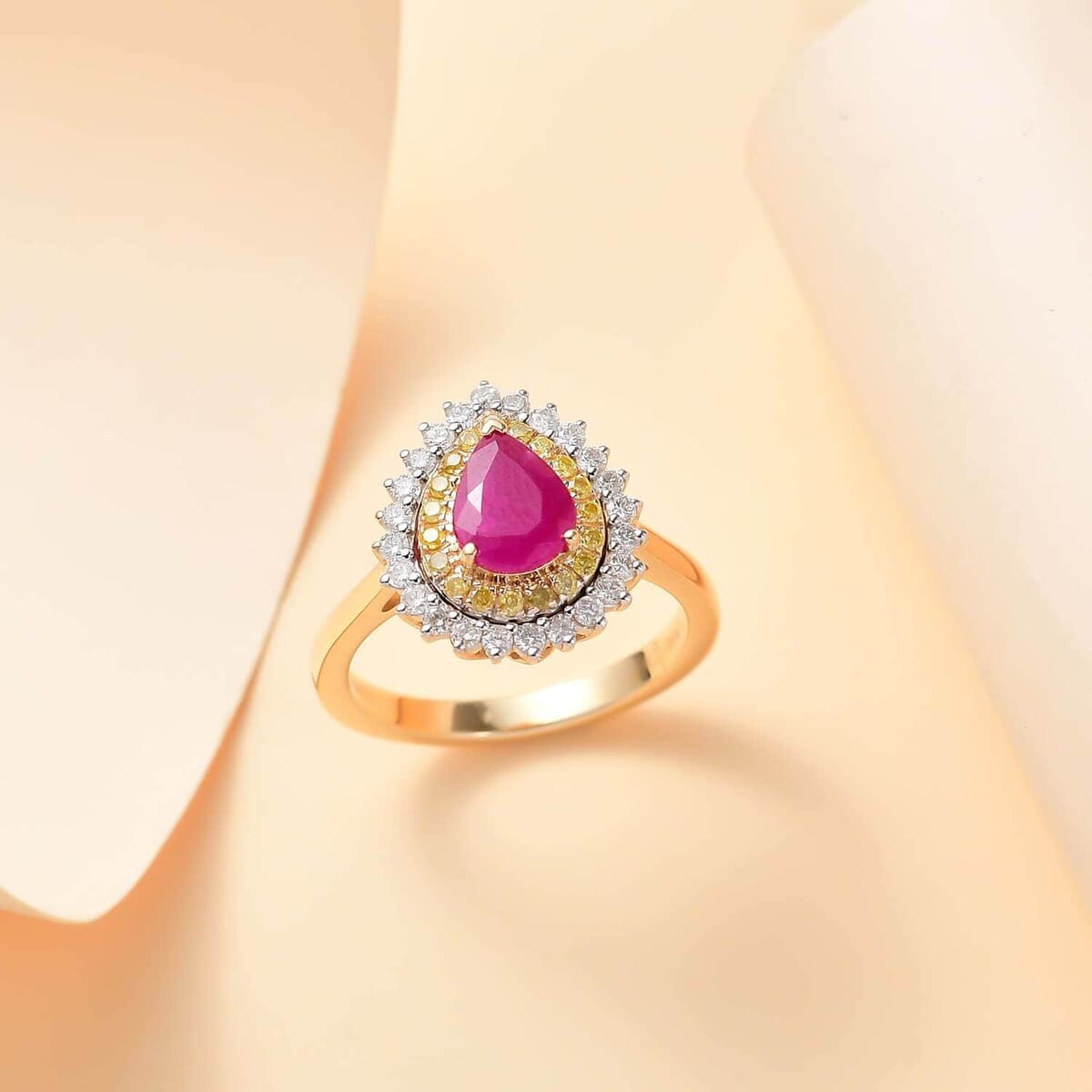Certified & Appraised Luxoro AAA Royal Ruby, I2 Yellow and White Diamond 1.93 ctw Ring in 10K Yellow Gold (Size 10.5) 4 Grams image number 1