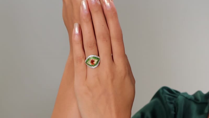 Fanta Garnet, Multi Gemstone Evil Eye Ring in 18K Vermeil YG Over Sterling Silver (Size 10.0) 2.75 ctw