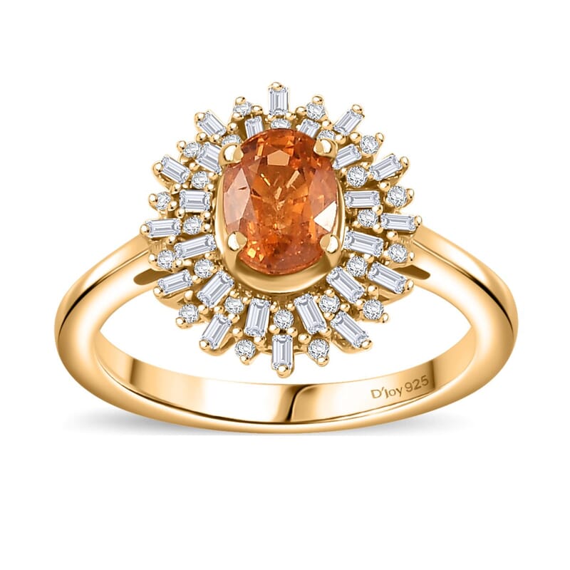 D'Joy Fanta Garnet, Natural Champagne and White Diamond 1.50 ctw Sunburst Ring in 18K Vermeil Yellow Gold Over Sterling Silver (Size 6.0)