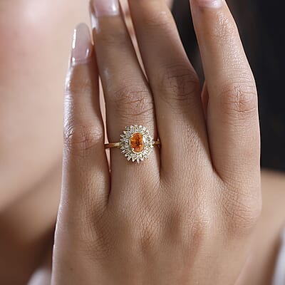 D'Joy Fanta Garnet, Natural Champagne and White Diamond 1.50 ctw Sunburst Ring in 18K Vermeil Yellow Gold Over Sterling Silver (Size 6.0)