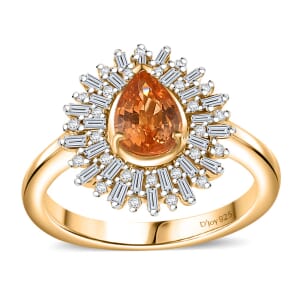 Fanta Garnet, Natural Champagne and White Diamond 1.35 ctw Ring in 18K Vermeil Yellow Gold Over Sterling Silver (Size 8.0) (Del. in 10-12 Days)