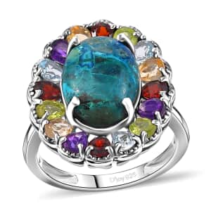 Table Mountain Shadowkite and Multi Gemstone 9.35 ctw Daisy Flower Ring in Platinum Over Sterling Silver (Size 10.0)