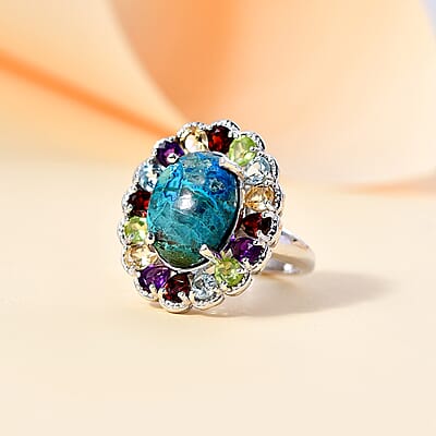 Table Mountain Shadowkite and Multi Gemstone 9.35 ctw Daisy Flower Ring in Platinum Over Sterling Silver (Size 10.0)