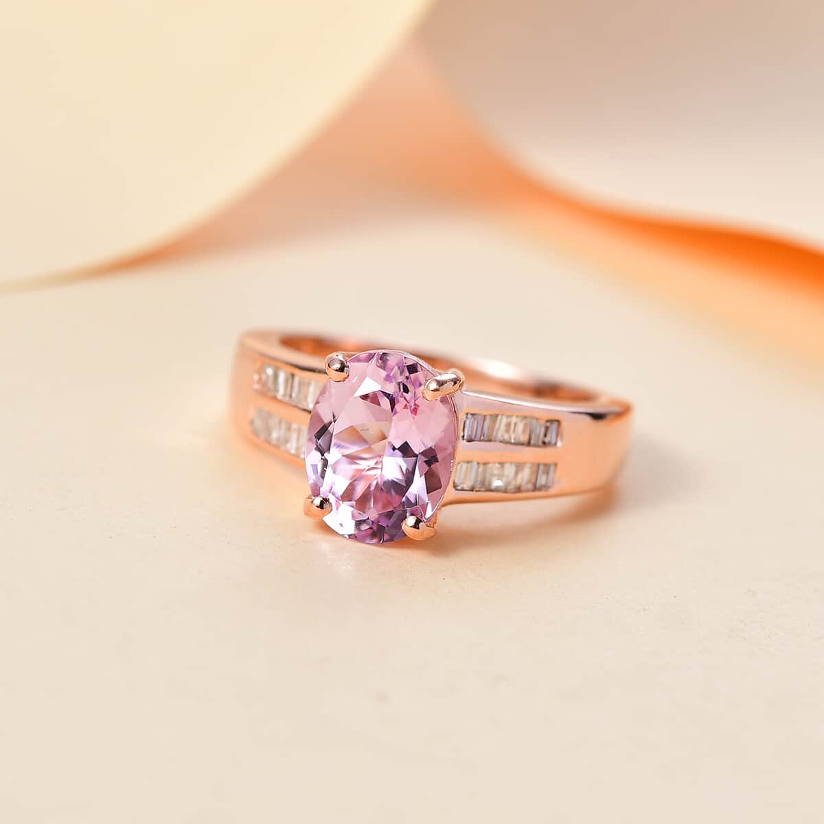 Premium Martha Rocha Kunzite and Diamond 3.00 ctw Statement Ring in 18K Vermeil Rose Gold Over Sterling Silver (Size 10.0) image number 1