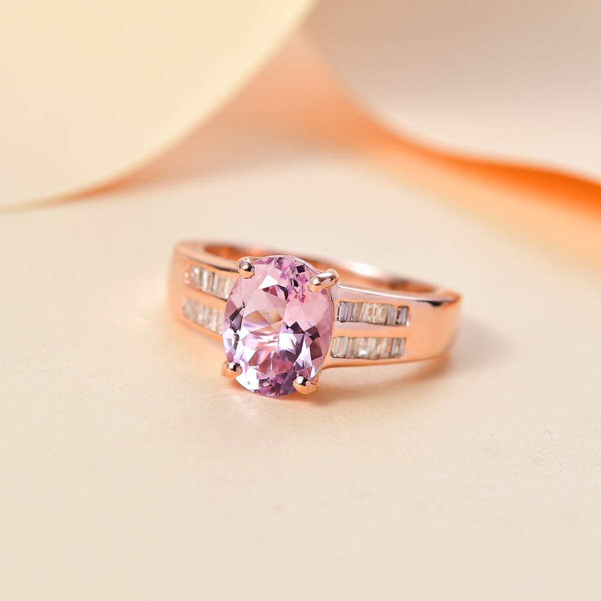 Premium Martha Rocha Kunzite and Diamond 3.00 ctw Statement Ring in 18K Vermeil Rose Gold Over Sterling Silver (Size 8.0) image number 1