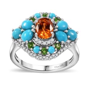 Fanta Garnet and Multi Gemstone 3.20 ctw Floral Ring in Rhodium Over Sterling Silver (Size 10.0)