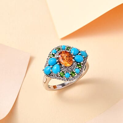 Fanta Garnet and Multi Gemstone 3.20 ctw Floral Ring in Rhodium Over Sterling Silver (Size 10.0)