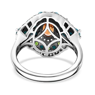 Fanta Garnet and Multi Gemstone 3.20 ctw Floral Ring in Rhodium Over Sterling Silver (Size 10.0)