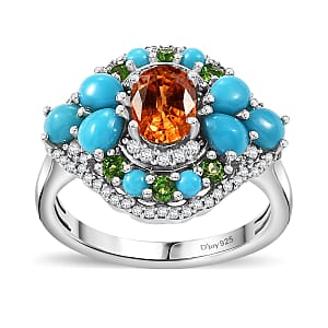 D'Joy Fanta Garnet and Multi Gemstone 3.20 ctw Floral Ring in Rhodium Over Sterling Silver (Size 6.0)